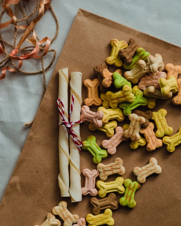 gallery-6 A vibrant assortment of bone-shaped dog treats displayed on brown paper, perfect for pets.